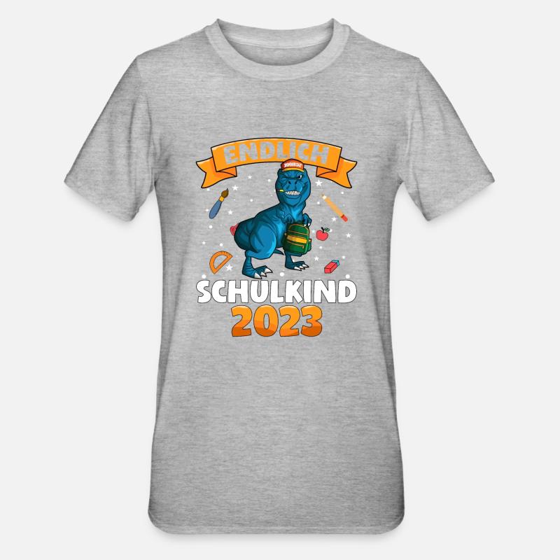 Endlich Schulkind 2023 Einschulung Dinosaurier - Unisex Polycotton T-Shirt - Grau meliert