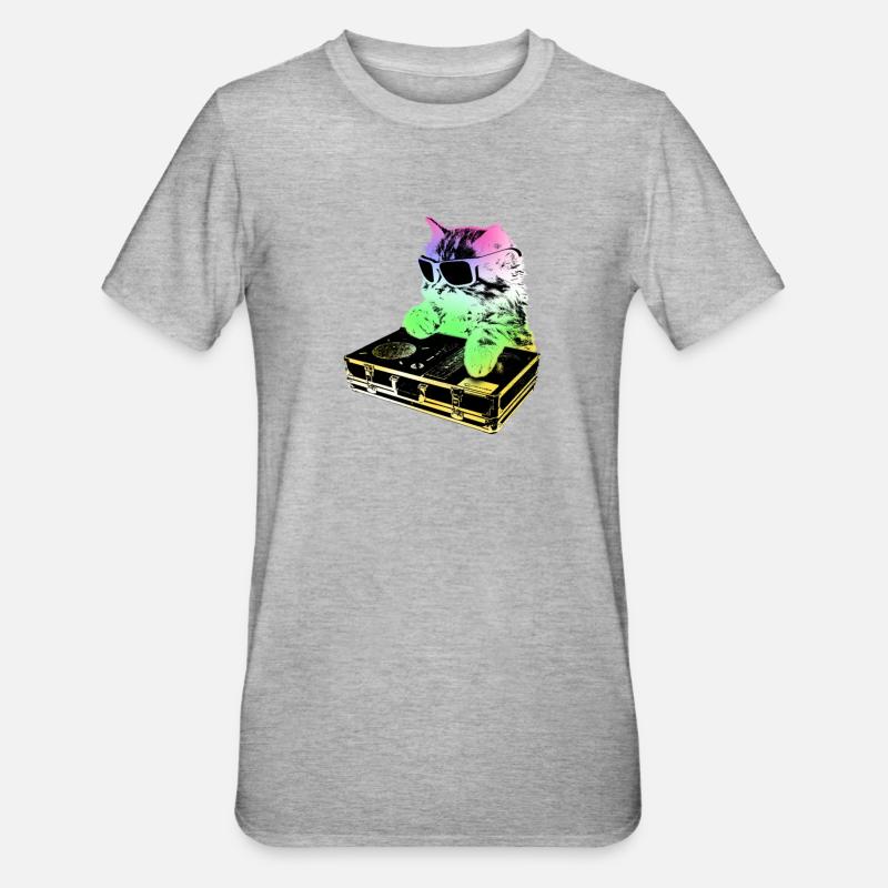 Rainbow DJ Cat - scratching - Unisex Polycotton T-Shirt - heather grey
