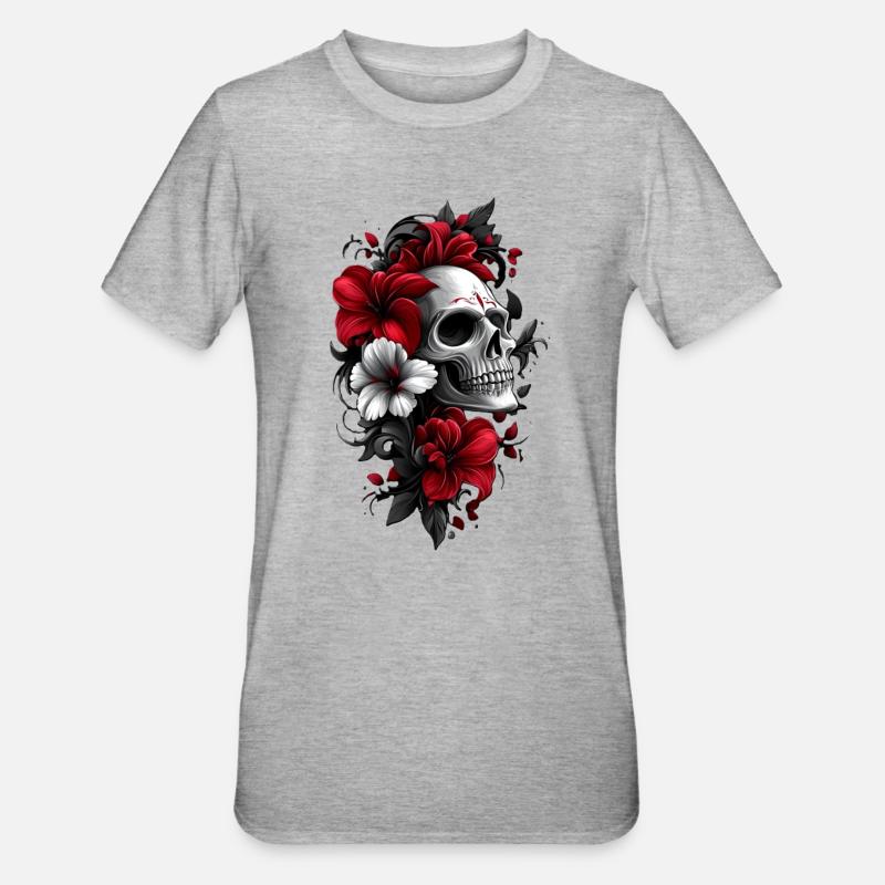 Totenkopf mit Blüten - Unisex Polycotton T-Shirt - Grau meliert