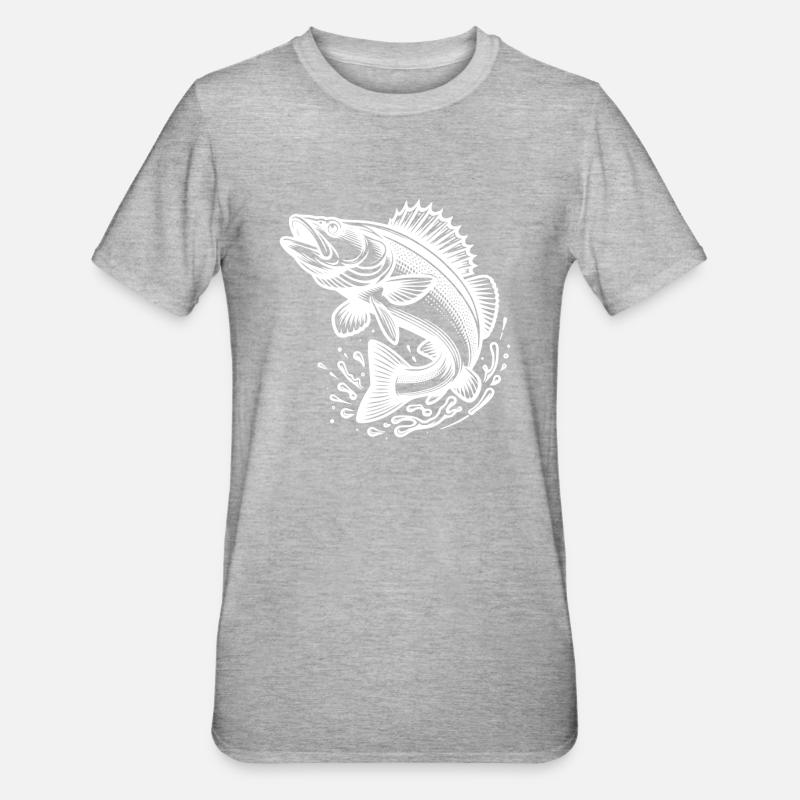 Large Jumping Zander Fish - Unisex Polycotton T-Shirt - heather grey
