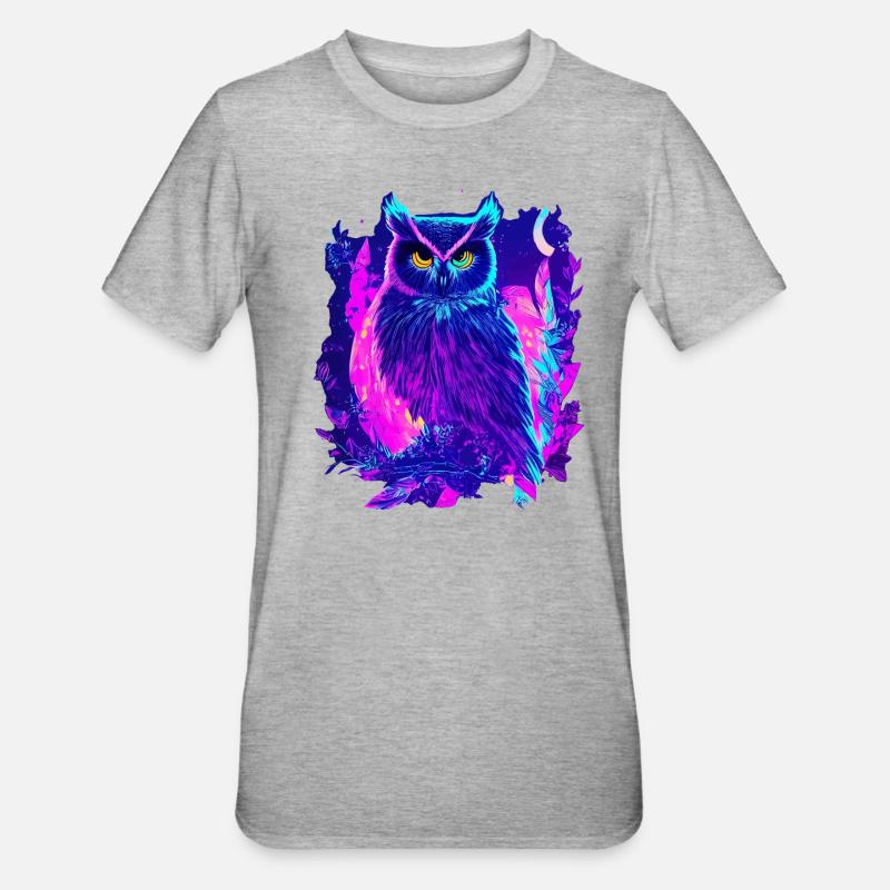 Neon leuchtende Eule Synthwave - Unisex Polycotton T-Shirt - Grau meliert