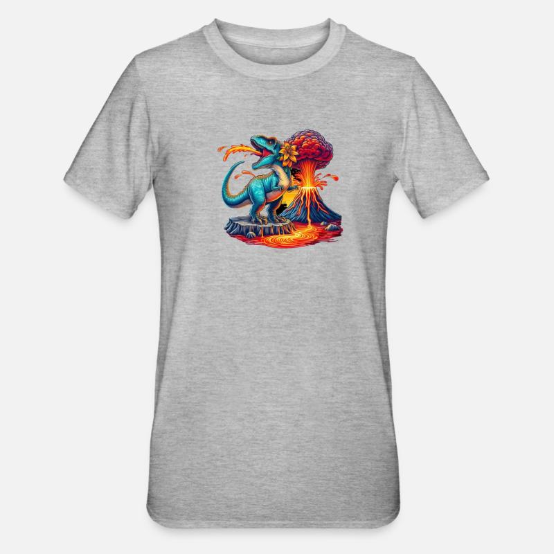 Éruption du volcan Dino avec fleur - T-shirt polycoton Unisexe - gris chiné