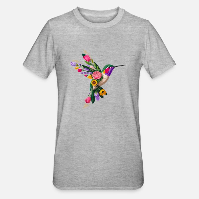 Graphisme Colibri Fleurs - T-shirt polycoton Unisexe - gris chiné