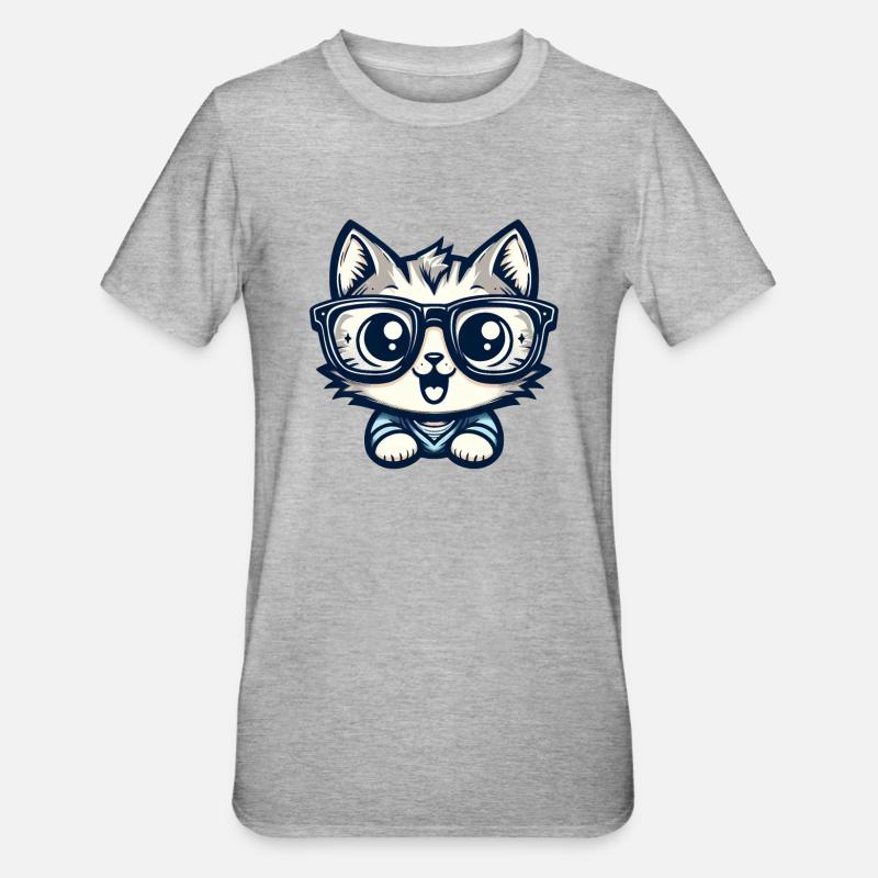 Chat de dessin animé mignon avec des lunettes de nerd - T-shirt polycoton Unisexe - gris chiné