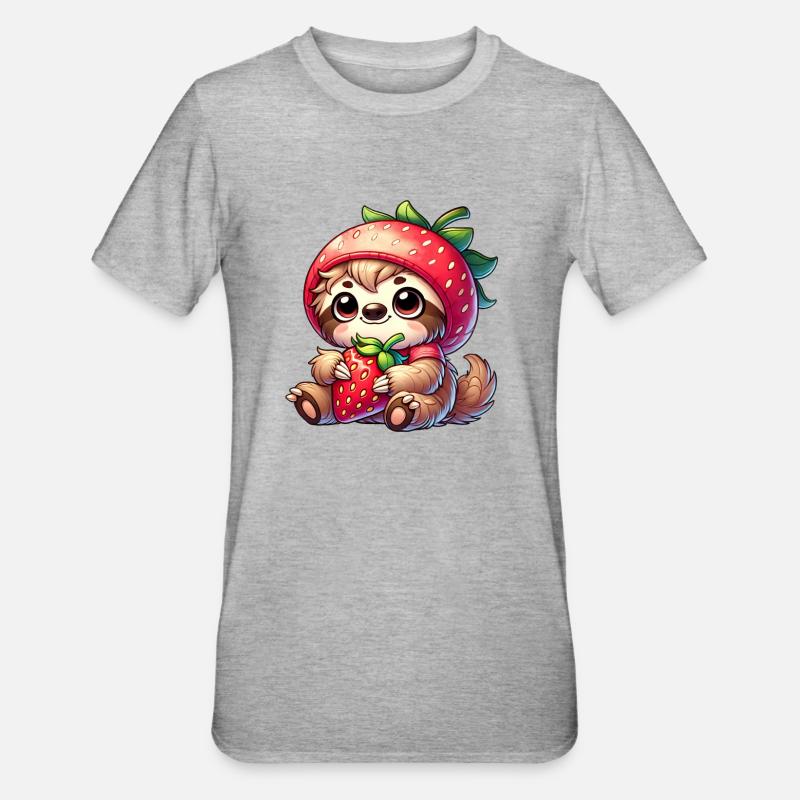 Faultier Erdbeere Sommerfrucht Design - Unisex Polycotton T-Shirt - Grau meliert