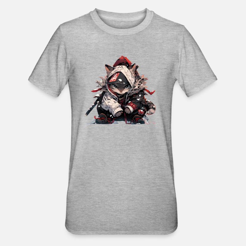 Chat samouraï mignon - T-shirt polycoton Unisexe - gris chiné