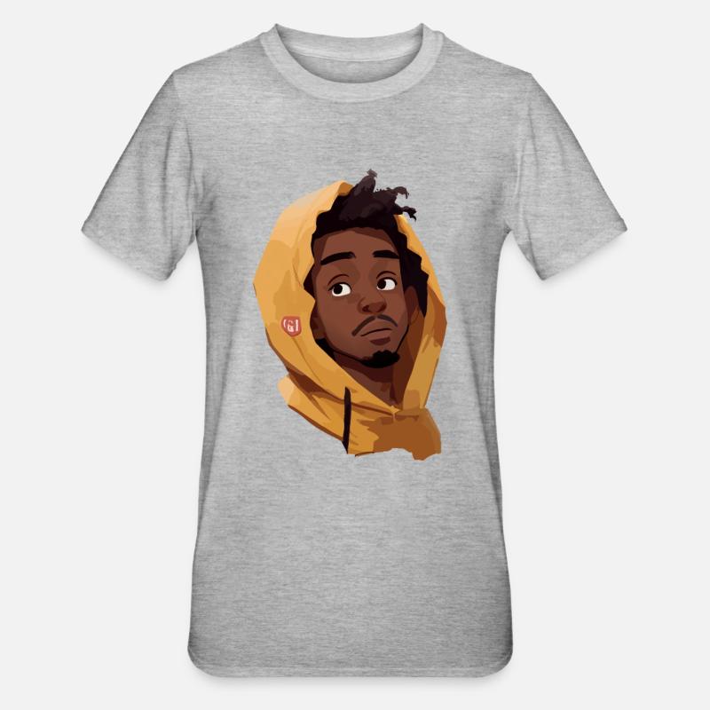 Schwarzer Mann im gelben Kapuzenpullover - Unisex Polycotton T-Shirt - Grau meliert
