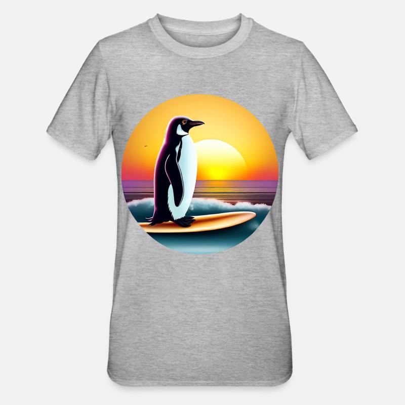 Penguin Surfer - Unisex Polycotton T-Shirt - heather grey