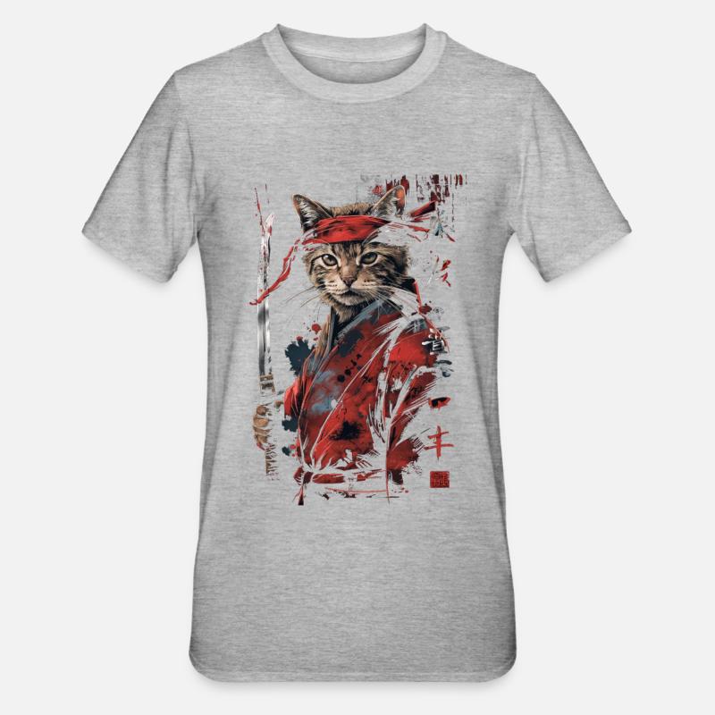 Cat Samurai Funny Gift - Unisex Polycotton T-Shirt - heather grey