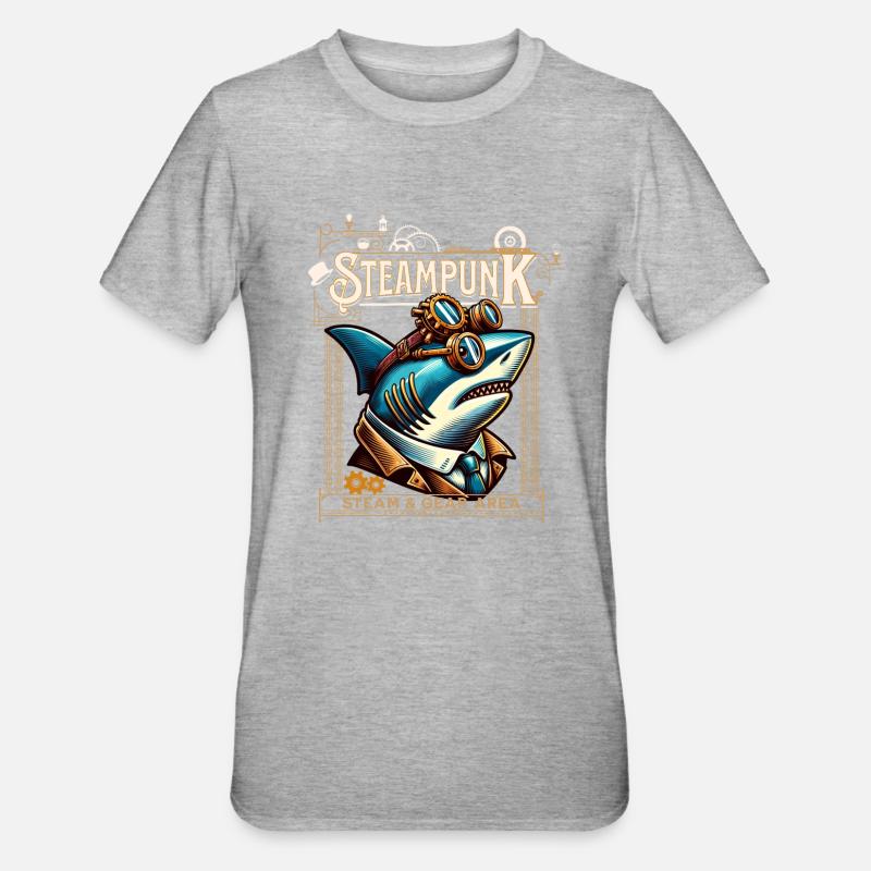 Steampunk Hai Comic - Unisex Polycotton T-Shirt - Grau meliert