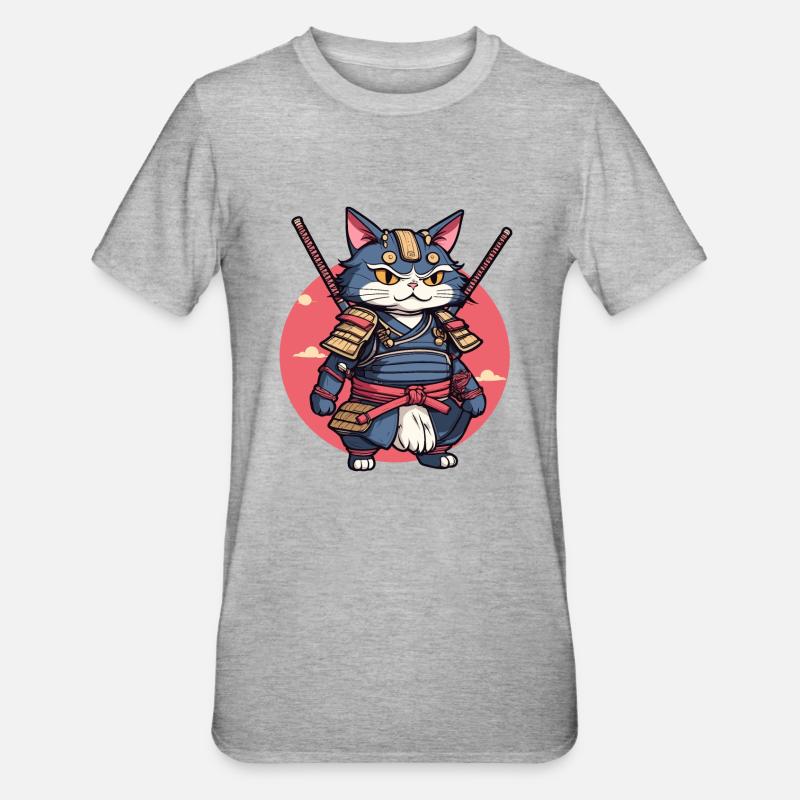 Samurai-Katze #2 - Unisex Polycotton T-Shirt - Grau meliert