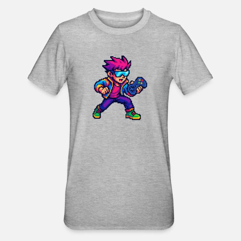 Retro Pixelheld mit Controller - Unisex Polycotton T-Shirt - Grau meliert