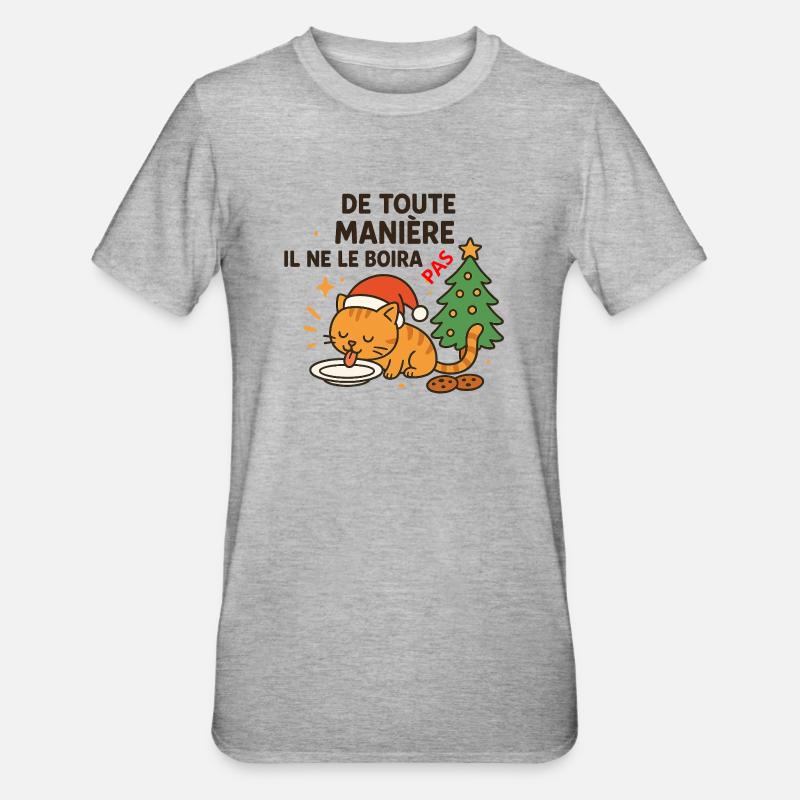 Chat festif de Noël qui refuse la boisson - T-shirt polycoton Unisexe - gris chiné