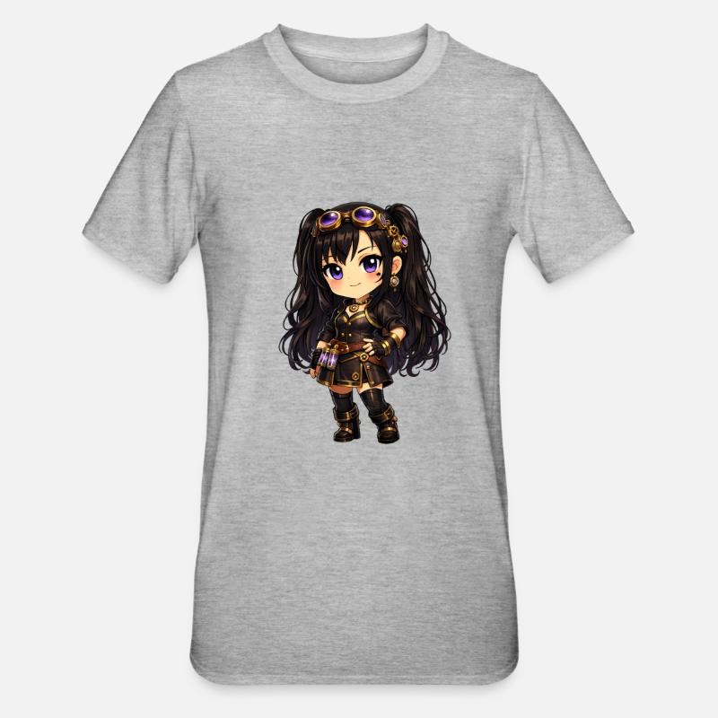 Chibi Steampunk-Mädchen Luna mit Lila Goggles - Unisex Polycotton T-Shirt - Grau meliert