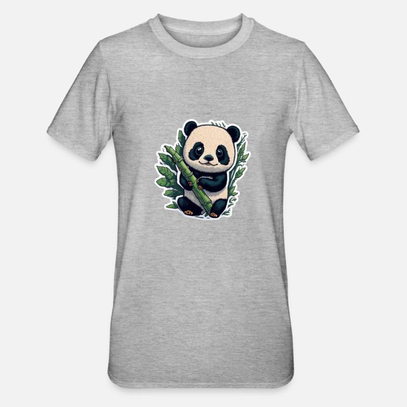 Panda mignon avec bambou - T-shirt polycoton Unisexe - gris chiné