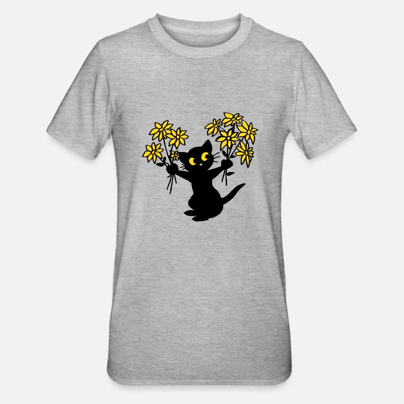 Le chat aux fleurs - T-shirt polycoton Unisexe - gris chiné