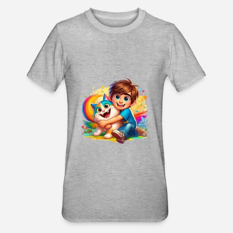 Garçon avec chat mignon - T-shirt polycoton Unisexe - gris chiné