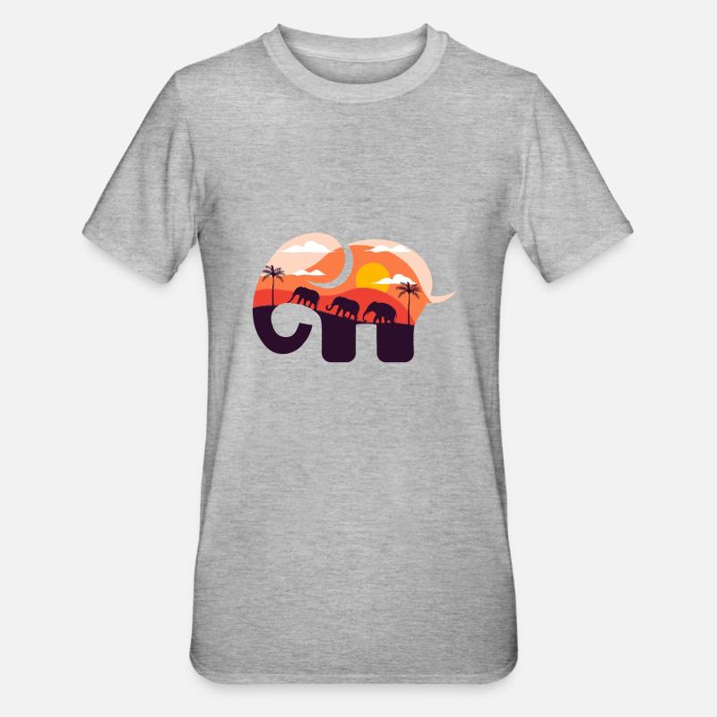 Coucher de soleil savane éléphant - T-shirt polycoton Unisexe - gris chiné
