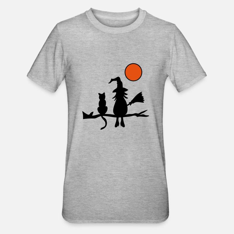 Sorcière avec chat - T-shirt polycoton Unisexe - gris chiné