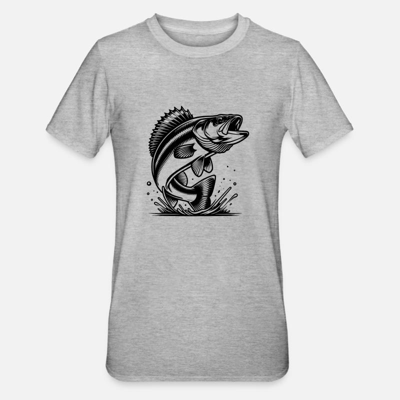 Eleganter springender Zander Raubfisch - Unisex Polycotton T-Shirt - Grau meliert