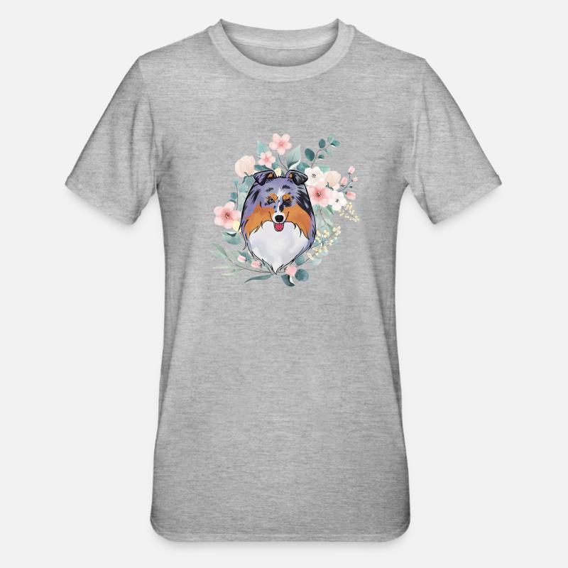 Fleurs de merle bleu Sheltie - T-shirt polycoton Unisexe - gris chiné