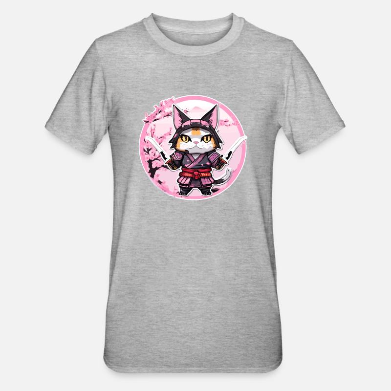Samurai Katze & Kirschblüten #1 - Unisex Polycotton T-Shirt - Grau meliert