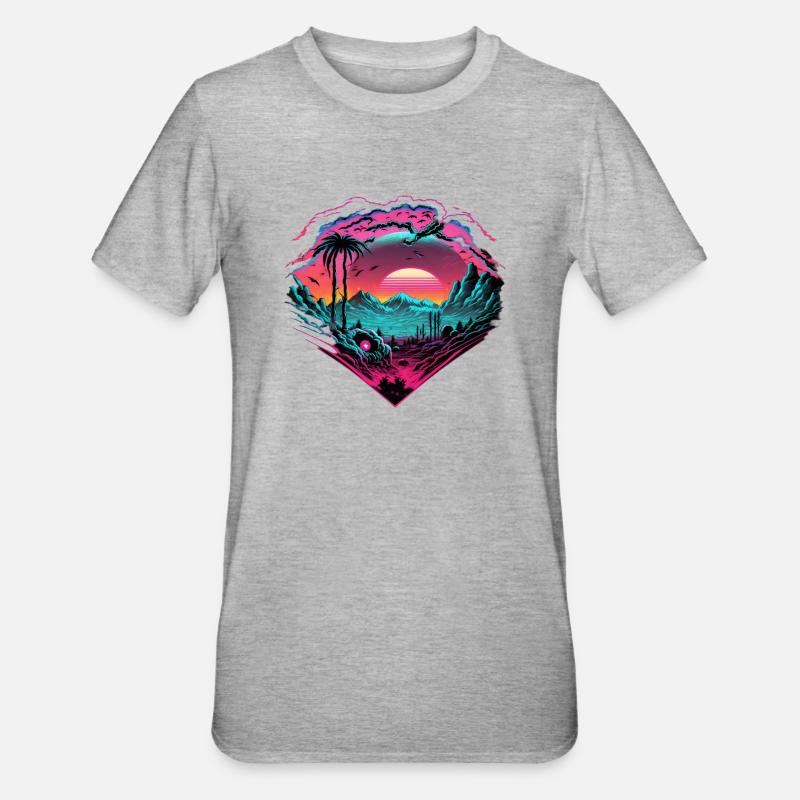 Synthwave Sunset 80s Geschenk - Unisex Polycotton T-Shirt - Grau meliert