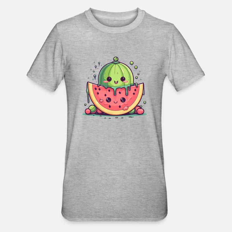 Pastèque et melon kawaii - T-shirt polycoton Unisexe - gris chiné