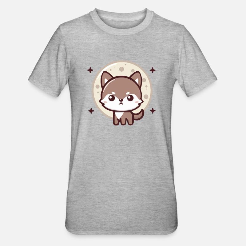 du clair de lune : Chibi Loup avec lune - T-shirt polycoton Unisexe - gris chiné