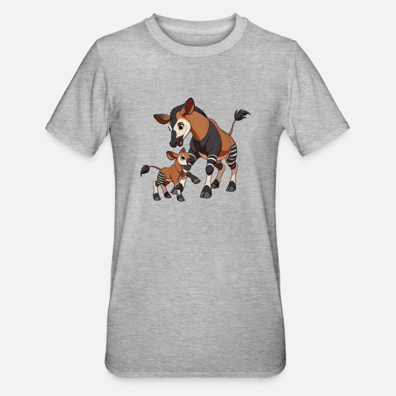 Okapi Mutter und Kind - Unisex Polycotton T-Shirt - Grau meliert