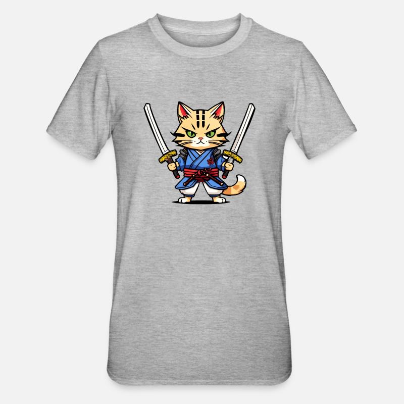 Samurai-Katze #30 - Unisex Polycotton T-Shirt - Grau meliert