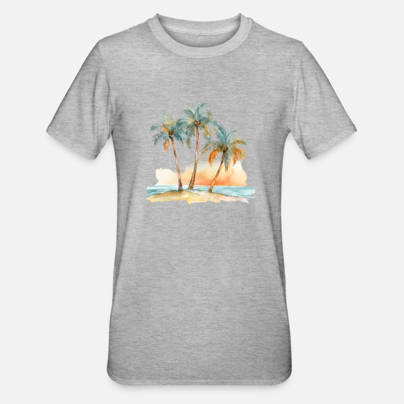 BEACH WITH THREE PALM TREES - Unisex Polycotton T-Shirt - heather grey