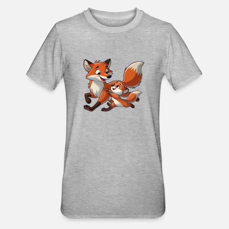 Fuchs mit herumtollendem Kind - Unisex Polycotton T-Shirt - Grau meliert