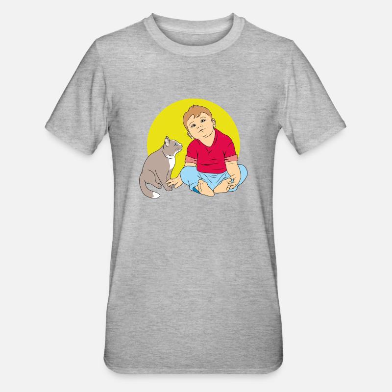 Junge spricht mit Katze - Unisex Polycotton T-Shirt - Grau meliert