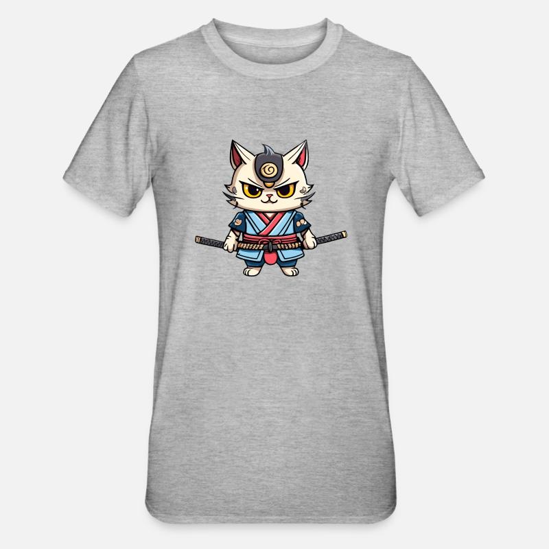 Chat samouraï #38 - T-shirt polycoton Unisexe - gris chiné
