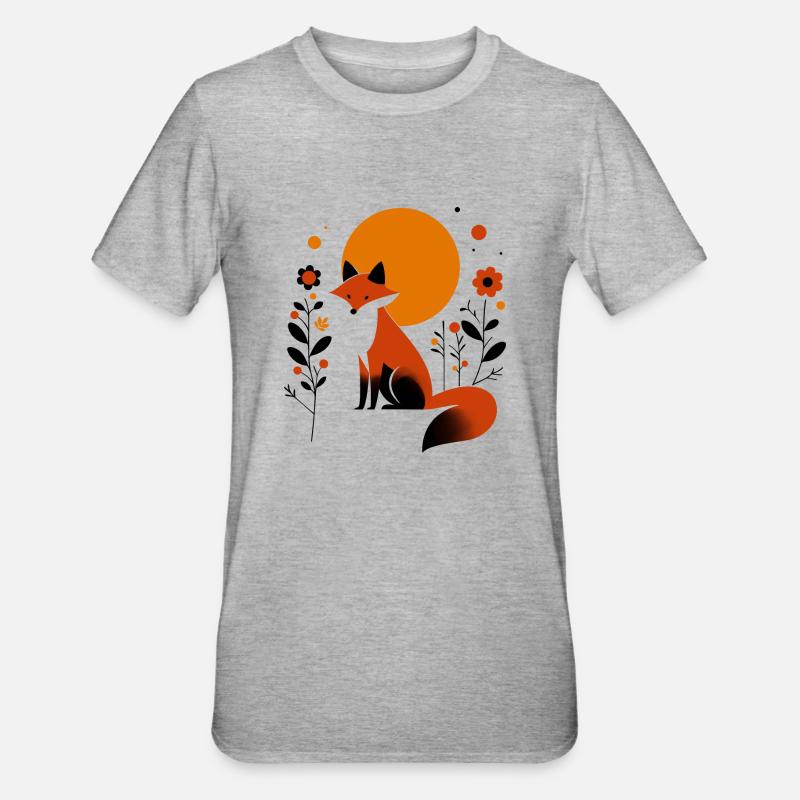 Renard rétro avec des fleurs - T-shirt polycoton Unisexe - gris chiné
