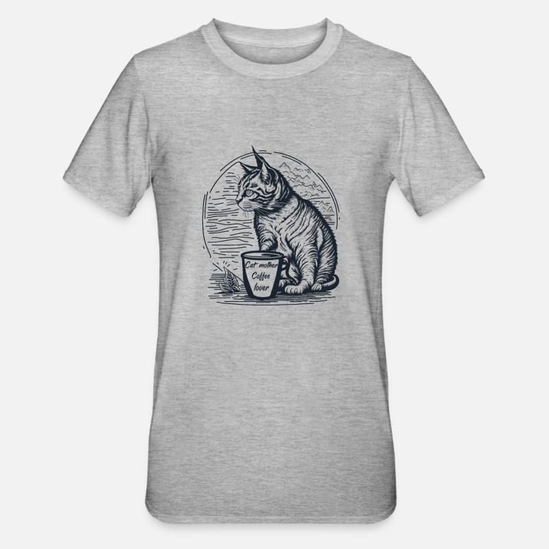 Cat and coffee cup - Unisex Polycotton T-Shirt - heather grey