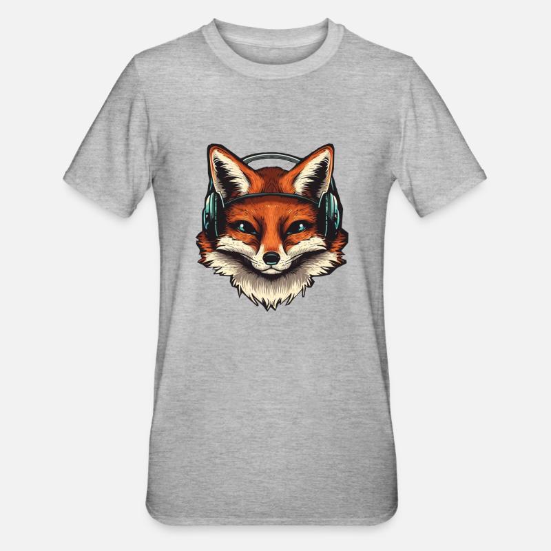 Fuchs mit Kopfhörern - Unisex Polycotton T-Shirt - Grau meliert
