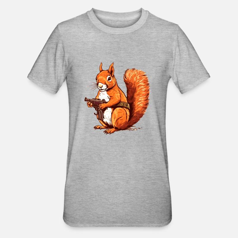 Wehrhaftes Eichhörnchen bewaffnet als Actionheld - Unisex Polycotton T-Shirt - Grau meliert