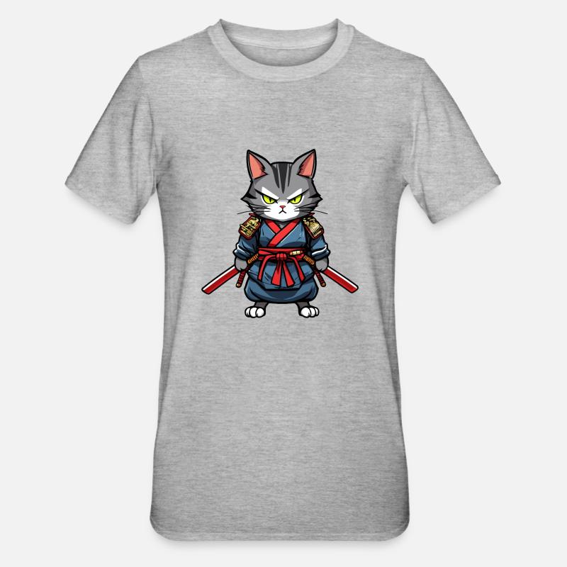 Samurai-Katze #19 - Unisex Polycotton T-Shirt - Grau meliert