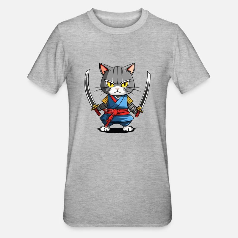 Samurai-Katze #39 - Unisex Polycotton T-Shirt - Grau meliert