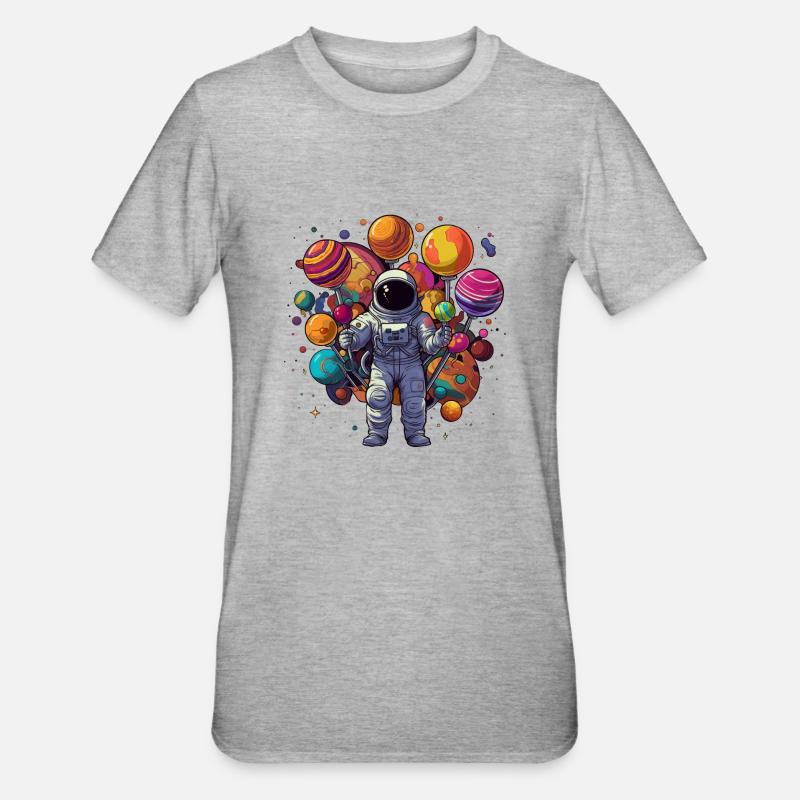 Astronaute avec des sucettes de planète dans les mains - T-shirt polycoton Unisexe - gris chiné