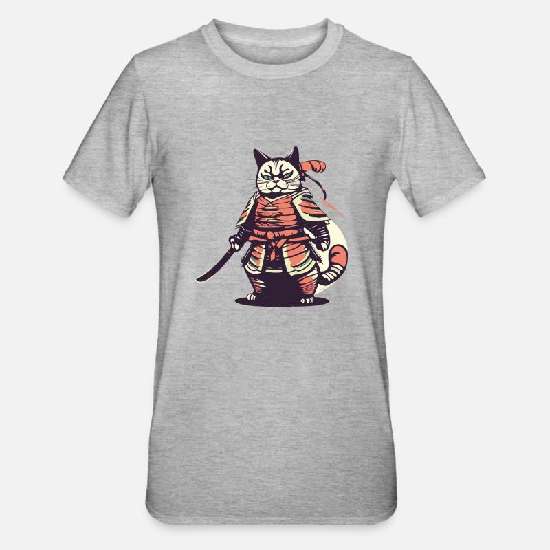 Katzen Samurai - Unisex Polycotton T-Shirt - Grau meliert