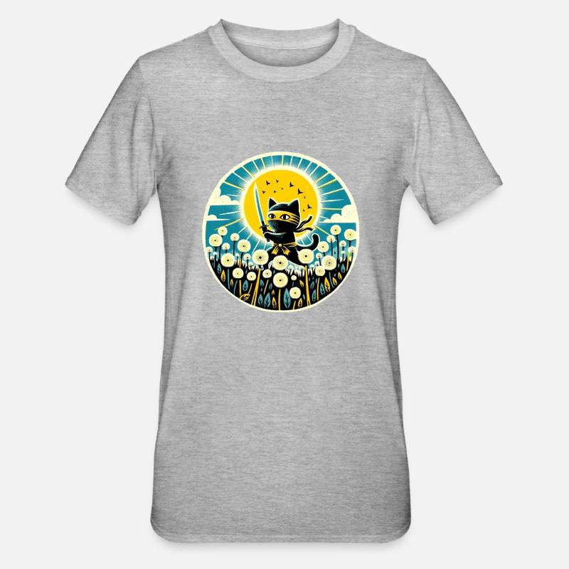 Chat Ninja Pissenlit - T-shirt polycoton Unisexe - gris chiné