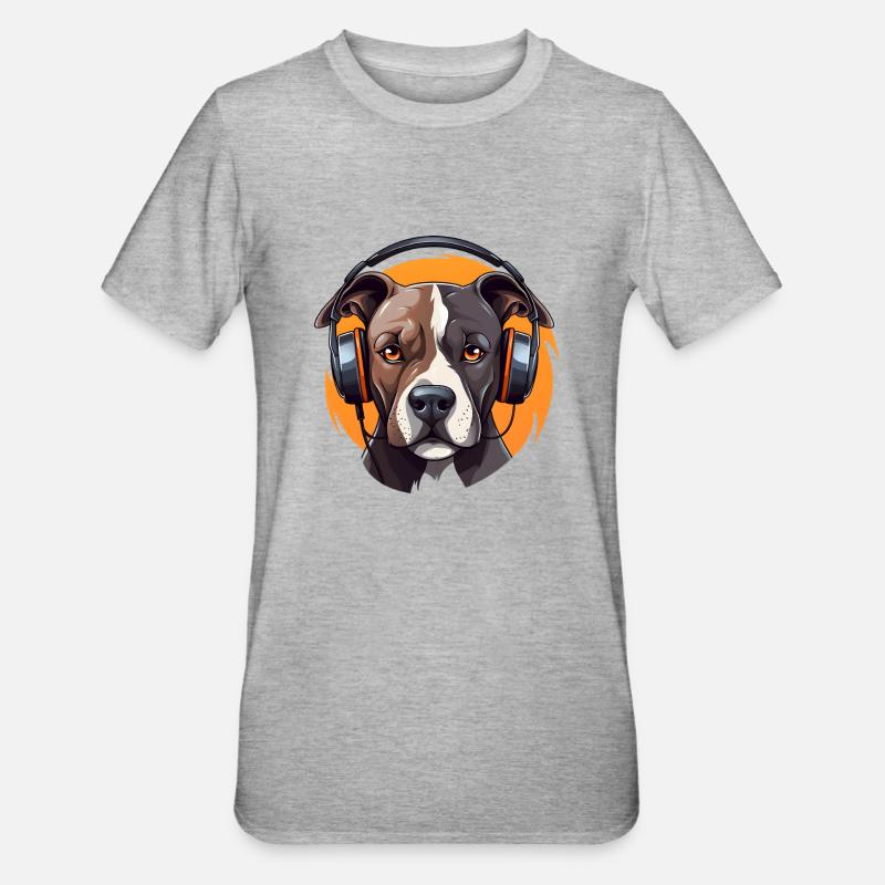 Pitbull mit Kopfhörern Cool - Unisex Polycotton T-Shirt - Grau meliert