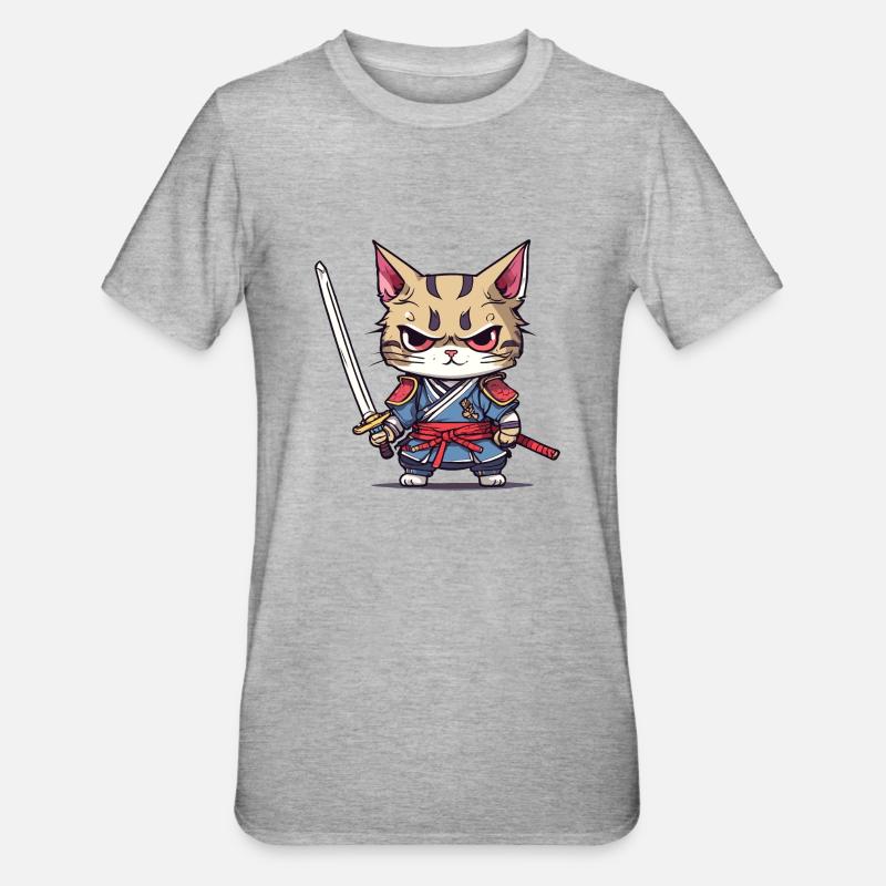 Chat samouraï #1 - T-shirt polycoton Unisexe - gris chiné