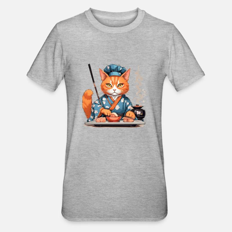 Sushi Katze - Unisex Polycotton T-Shirt - Grau meliert