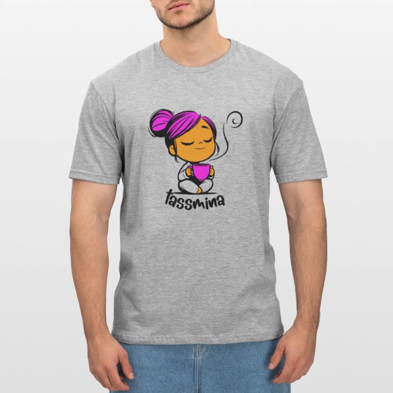 Tassmina enspannt mit einer Tasse Tee oder Kaffee Unisex Polycotton T-Shirt