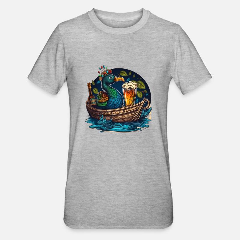 Pfau im Boot mit Bierglas - Unisex Polycotton T-Shirt - Grau meliert