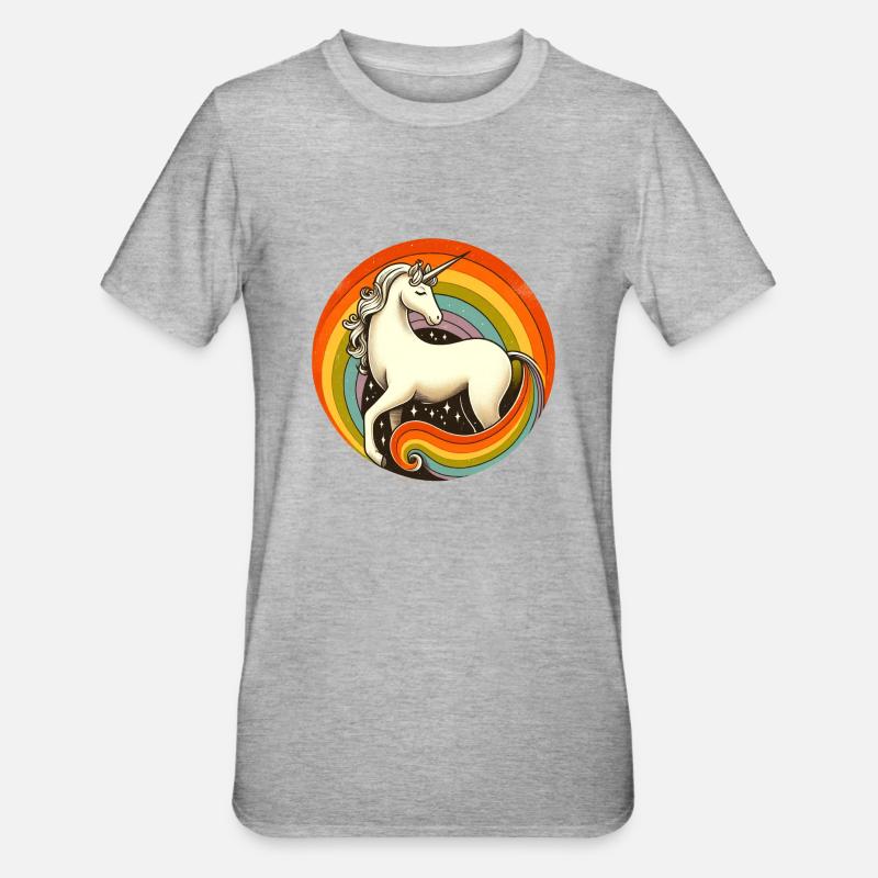 Retro 1980 Regenbogen Einhorn - Unisex Polycotton T-Shirt - Grau meliert